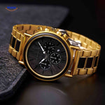 montre en bois luxe chronographe, photo produit sur fond épuré mettant en valeur le cadran