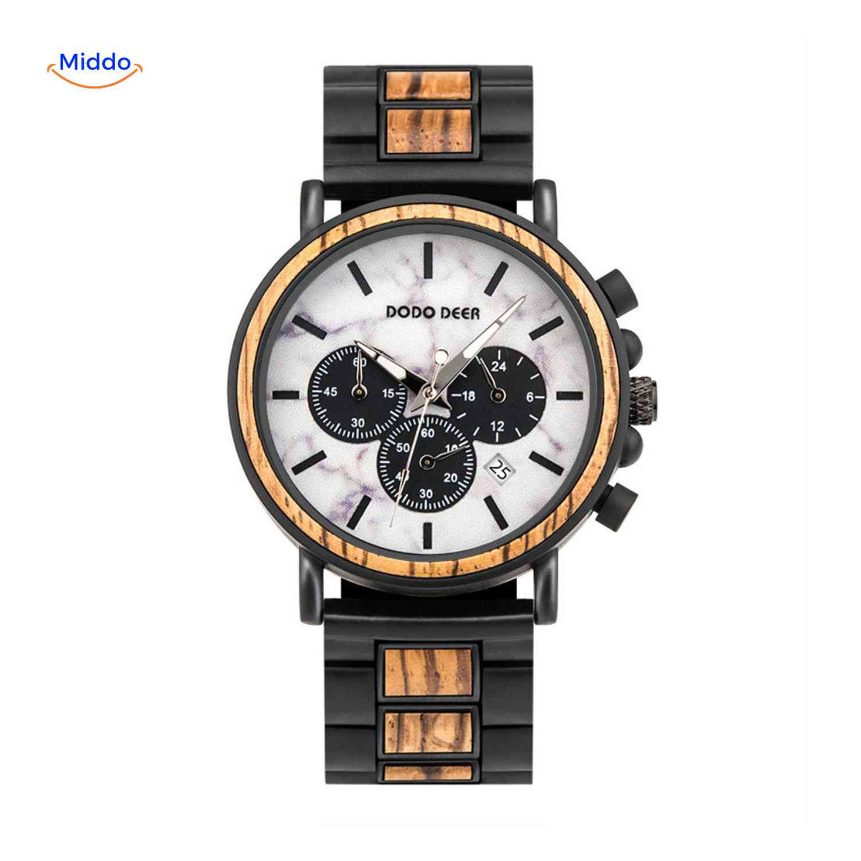 montre en bois chronographe avec teinte chaude naturelle, nuance de bois clair et doré