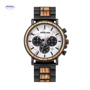montre en bois chronographe avec teinte chaude naturelle, nuance de bois clair et doré
