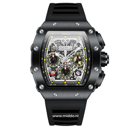 montre chronographe homme bracelet noir avec cadran détaillé multifonction, vue rapprochée