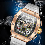 montre chronographe boîtier or rose et bracelet blanc immergée sous l'eau, résistance à l'eau démontrée