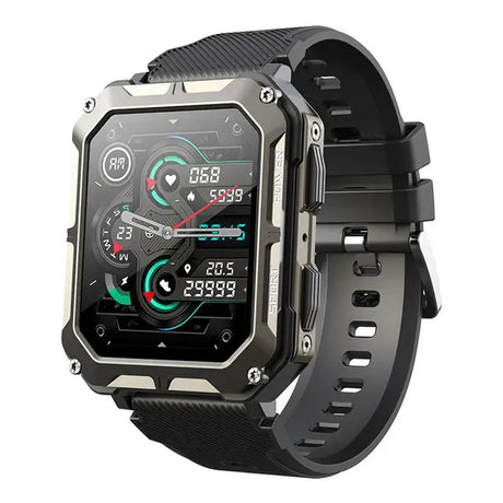 montre connectée incassable noire au design robuste et fonctions avancées