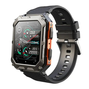 montre connectée robuste coloris noir et orange avec look sportif affirmé
