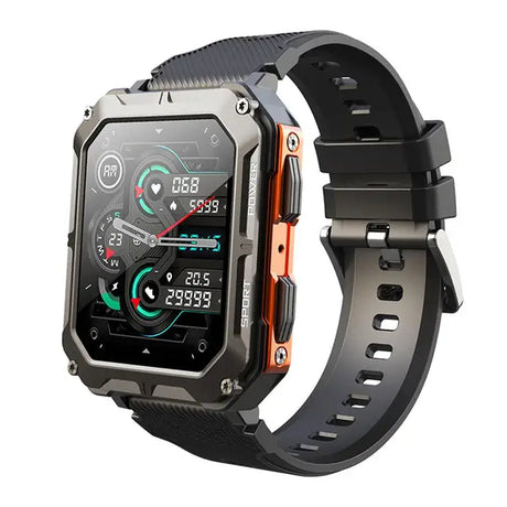 montre connectée robuste coloris noir et orange avec look sportif affirmé