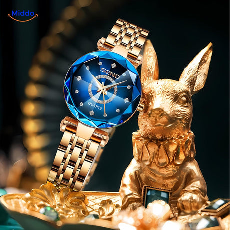 photo produit de la montre femme élégante acier doré et bracelet cuir, vue complète
