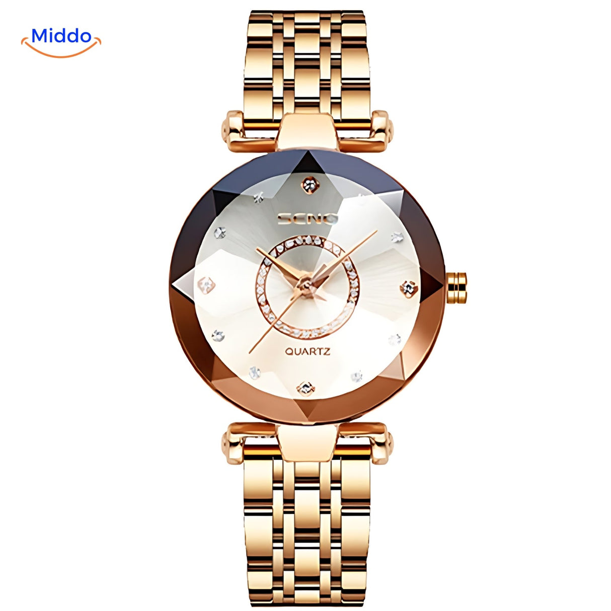 montre femme élégante coloris or rose avec cadran assorti et bracelet cuir