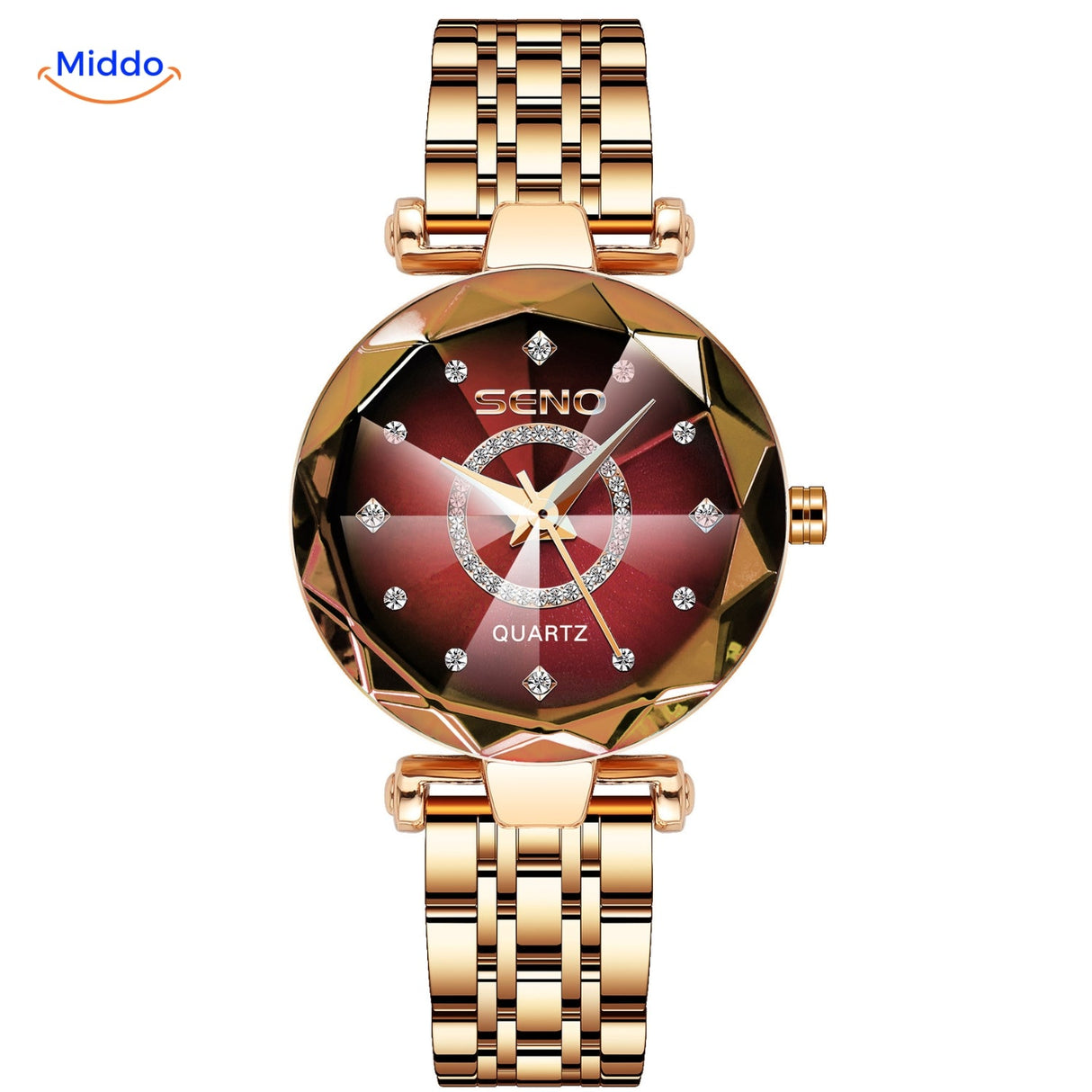 montre femme élégante coloris or avec cadran rouge et bracelet cuir