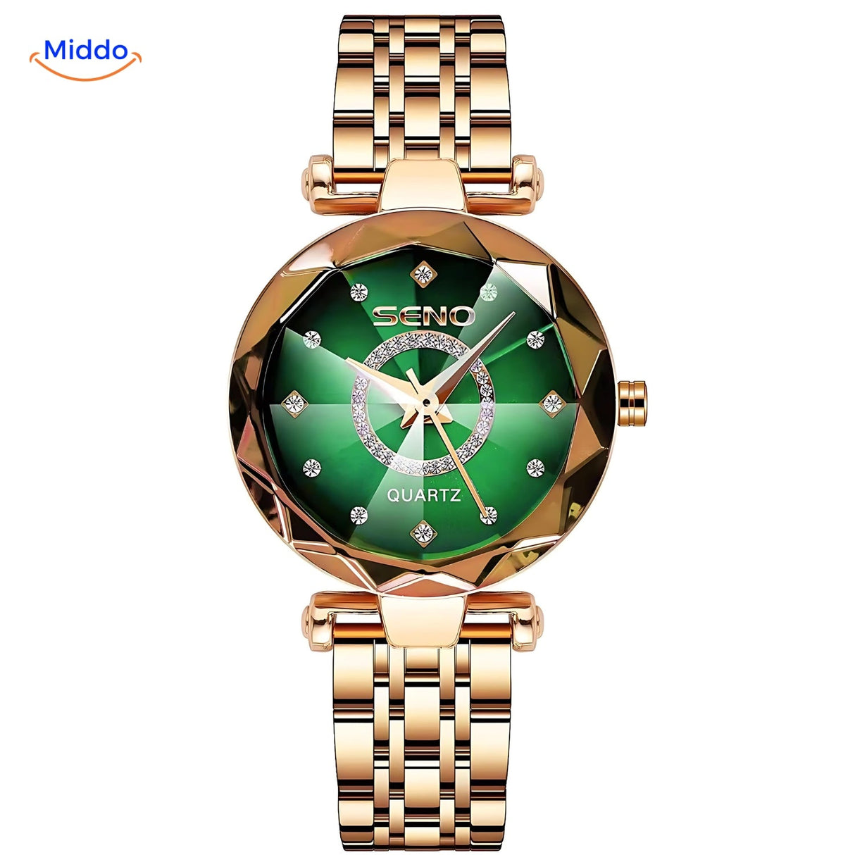 montre femme élégante coloris or avec cadran vert et bracelet cuir