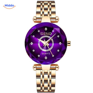 montre femme élégante coloris or avec cadran violet et bracelet cuir
