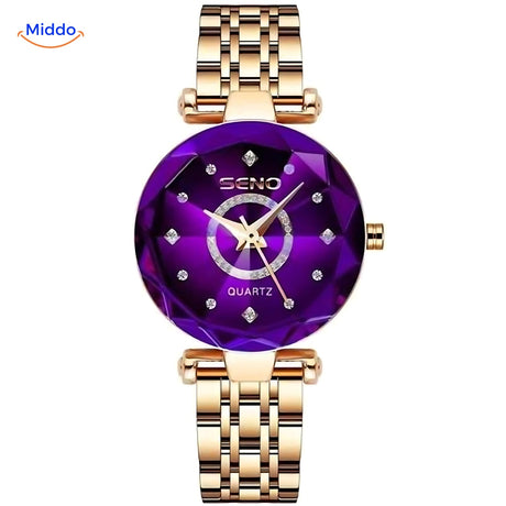 montre femme élégante coloris or avec cadran violet et bracelet cuir
