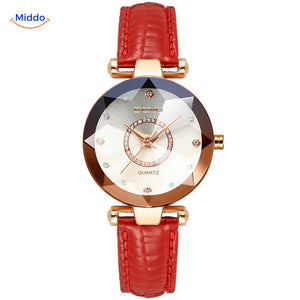 montre femme élégante coloris rouge avec cadran rose doré et bracelet cuir