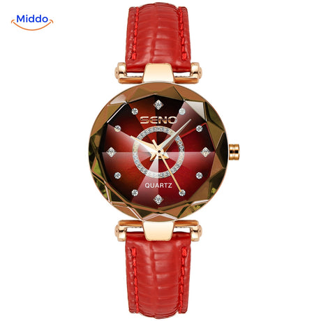 montre femme élégante tout rouge avec cadran assorti et bracelet cuir