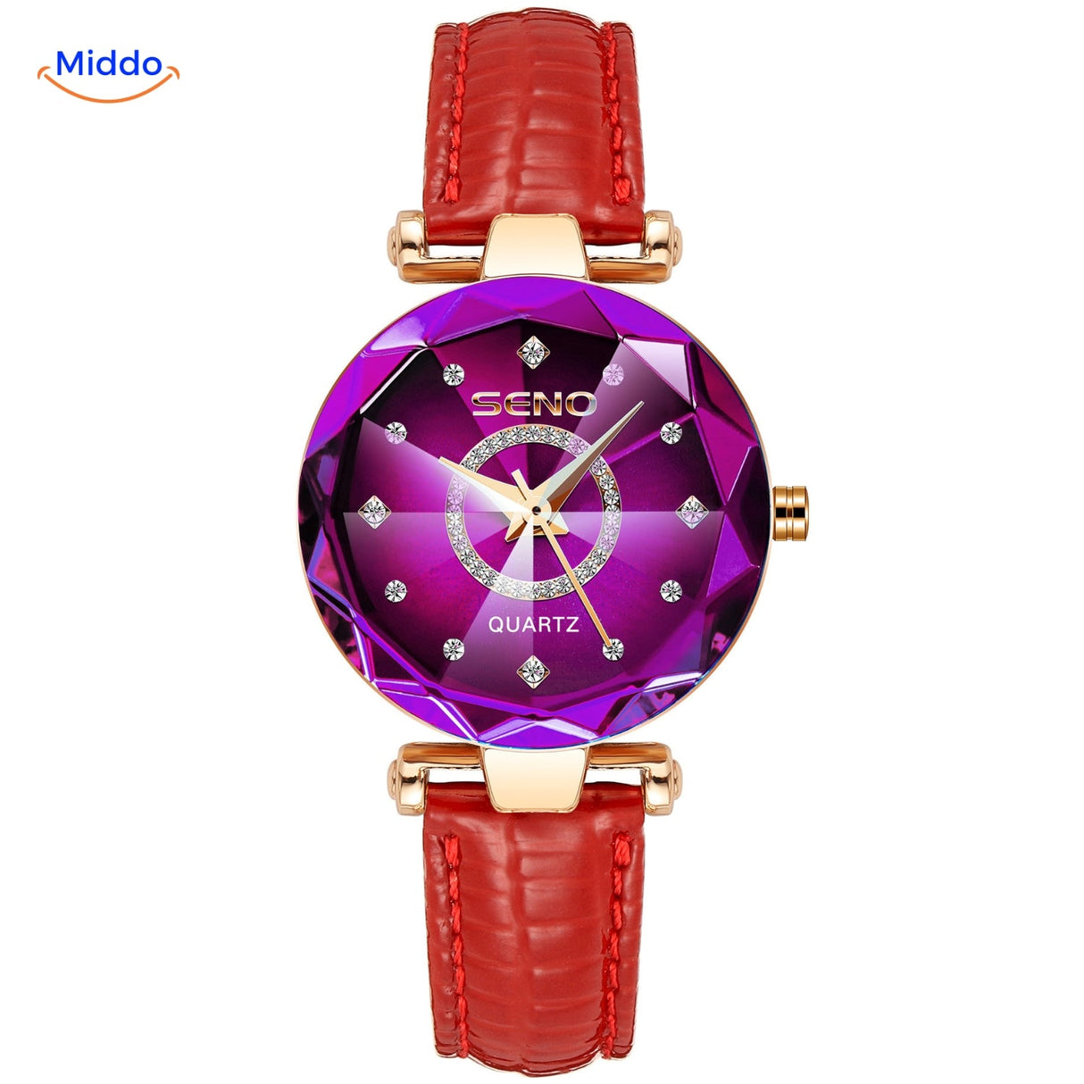 montre femme élégante coloris rouge avec cadran violet foncé et bracelet cuir