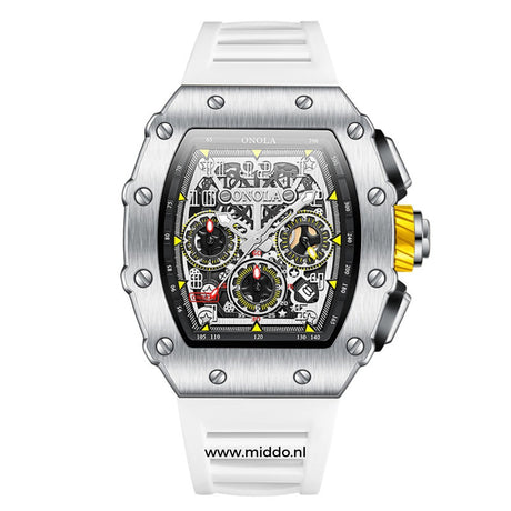 montre homme boîtier argenté avec bracelet silicone blanc, présentation sur fond neutre