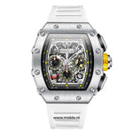 montre homme boîtier argenté avec bracelet silicone blanc, présentation sur fond neutre