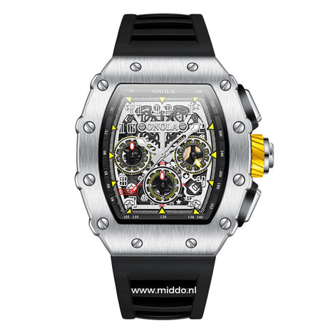 montre homme boîtier argenté avec bracelet silicone noir, vue de face