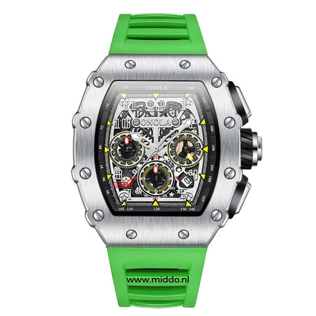 montre homme boîtier argenté avec bracelet silicone vert, coloris sport