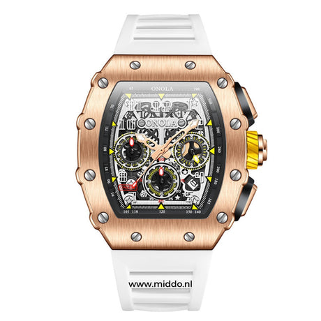 montre homme boîtier or rose avec bracelet silicone blanc, élégante et sportive