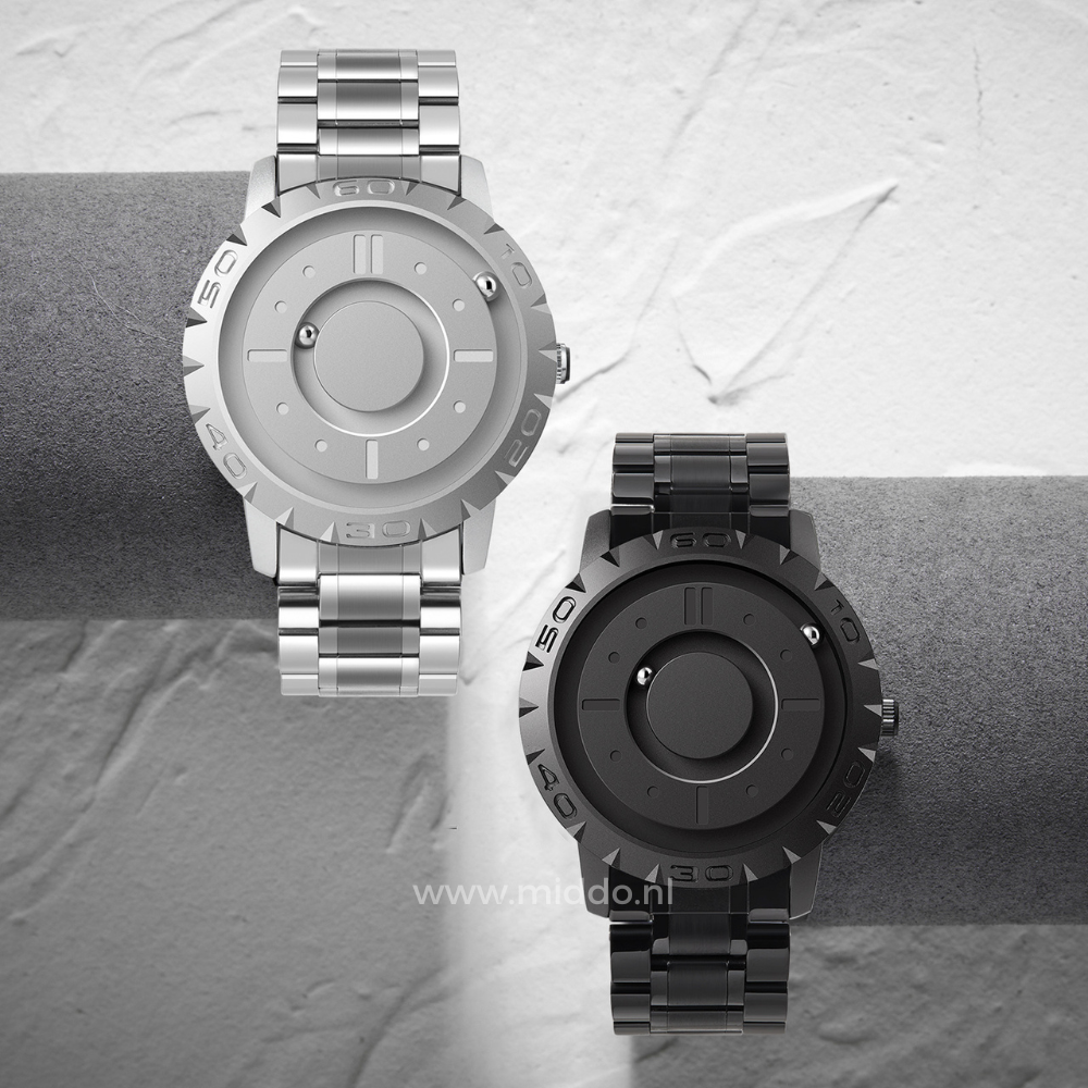 montre magnétique argent et noire côte à côte sur fond gris, design minimaliste épuré