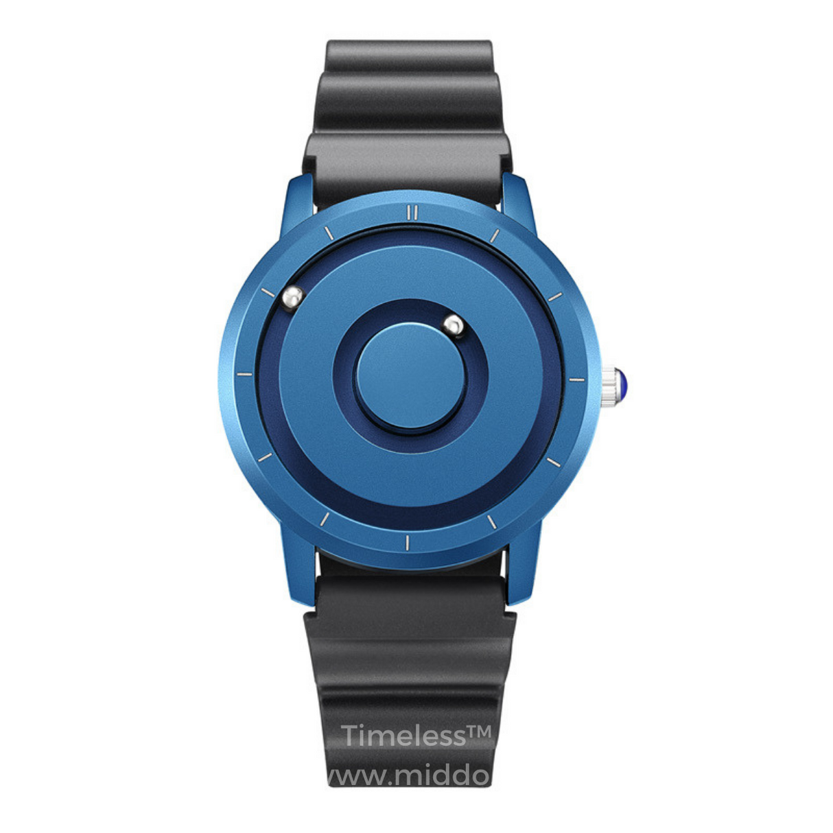 montre magnétique bleue avec bracelet en silicone noir, polyvalente sport et quotidien