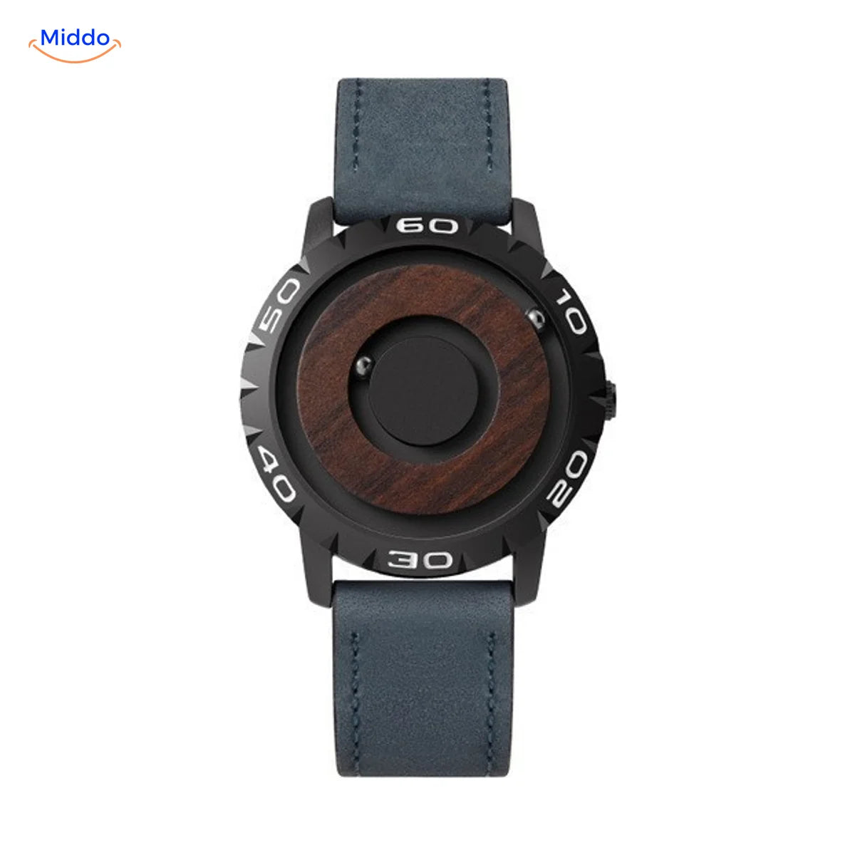 Montre Magnétique à cadran en bois avec bracelet en cuir bleu