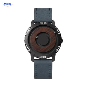 Montre Magnétique à cadran en bois avec bracelet en cuir bleu