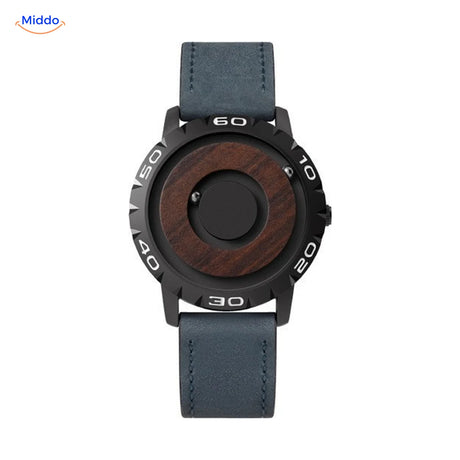 Montre Magnétique à cadran en bois avec bracelet en cuir bleu