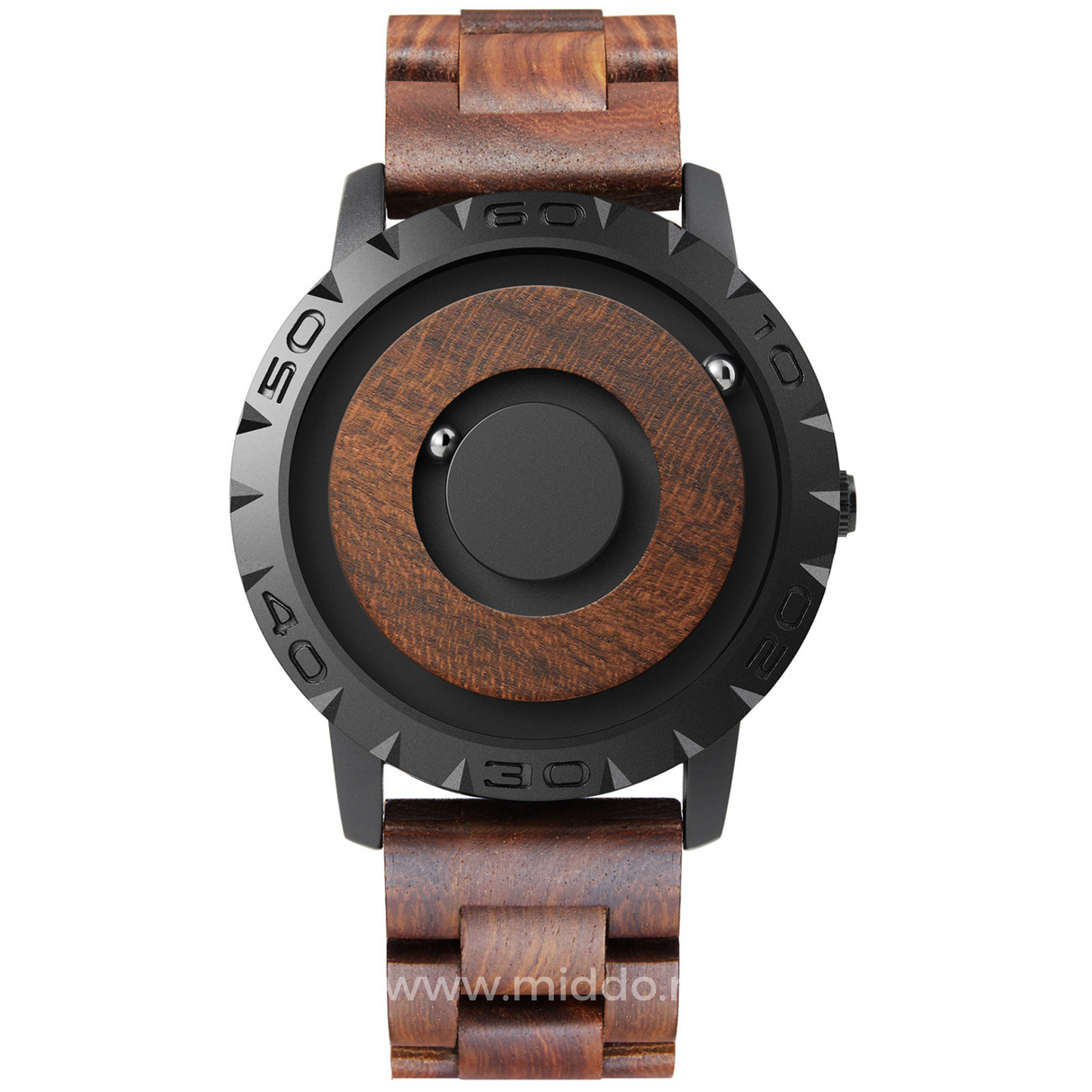 montre magnétique avec cadran et bracelet en bois, combinaison magnétisme et matière naturelle