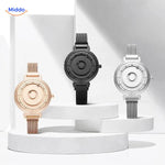 montre magnétique disponible en trois coloris : or rose, argent et noir, présentation comparative