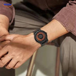montre magnétique portée par un homme en situation lifestyle, cadran minimaliste élégant