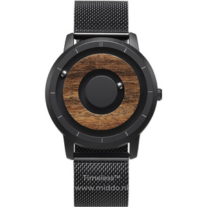montre magnétique noire avec cadran en bois et bracelet assorti, style naturel et moderne
