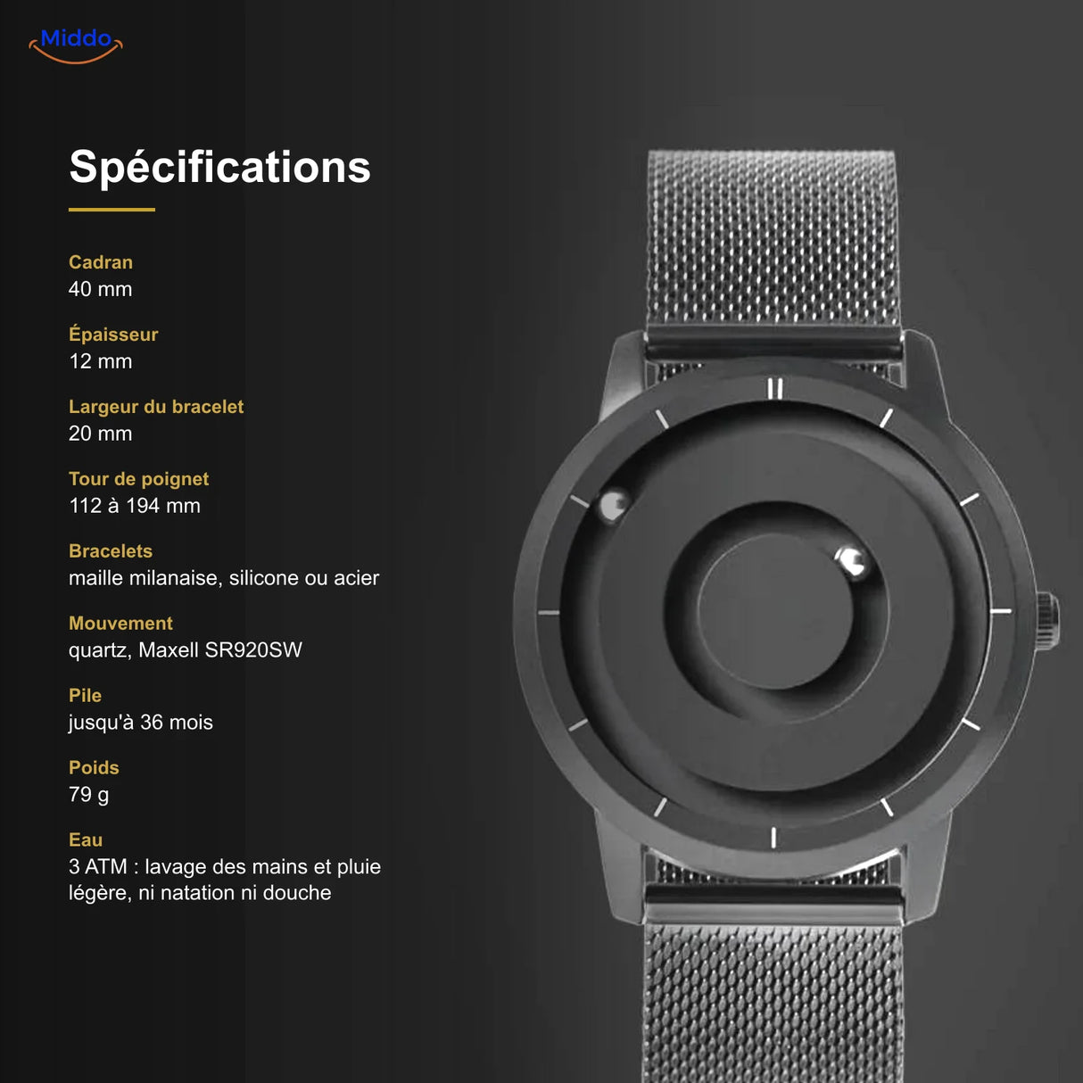 Spécifications de la Montre Magnétique : cadran 40 mm, 12 mm d’épaisseur, étanche 3 ATM