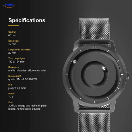 Spécifications de la Montre Magnétique : cadran 40 mm, 12 mm d’épaisseur, étanche 3 ATM