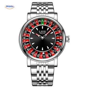 montre roulette argentée avec bracelet métallique chainé, style casino moderne