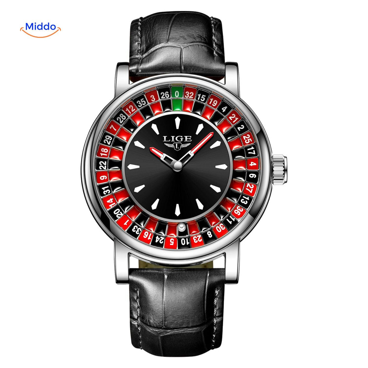 montre roulette argentée vue de face, cadran phosphorescent et étanche