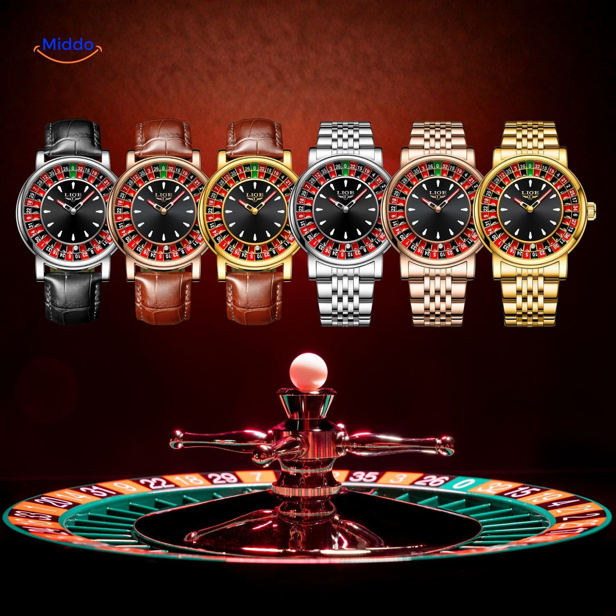 collection de montres roulette en trois coloris : argent, or et rose gold