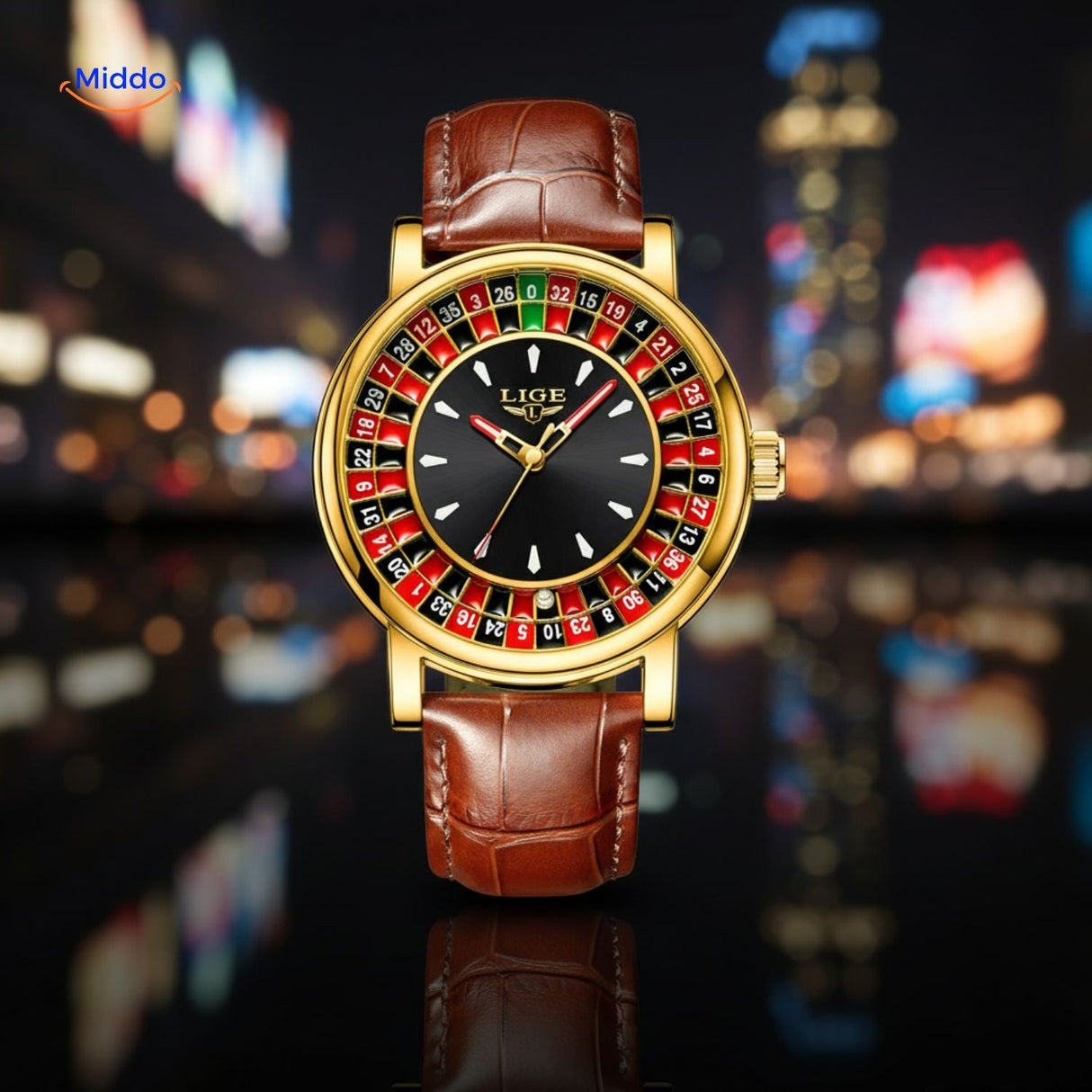 montre à cadran roulette dorée avec bracelet en cuir, finition luxe