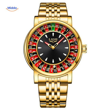 montre roulette dorée avec bracelet métallique chainé, finition luxe étanche