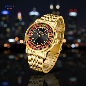 montre dorée cadran roulette style casino, résistante à l'eau