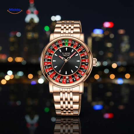 montre rose gold design roulette rotatif phosphorescent, vue de face
