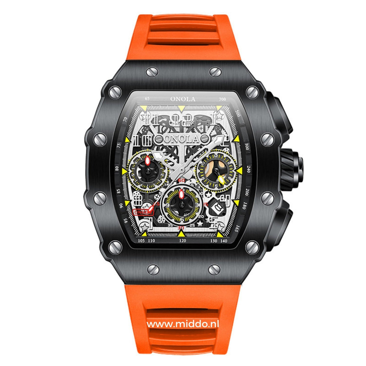montre sport chronographe homme avec bracelet orange et boîtier noir, coloris dynamique