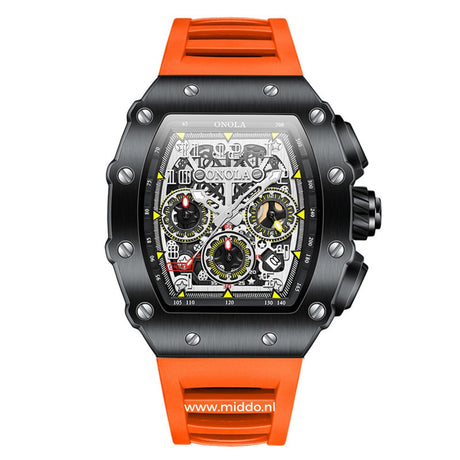montre sport chronographe homme avec bracelet orange et boîtier noir, coloris dynamique