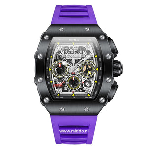 montre sport chronographe avec bracelet violet et boîtier noir, vue produit de face