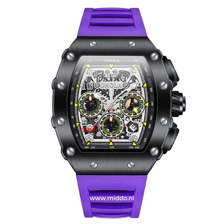montre sport chronographe avec bracelet violet et boîtier noir, vue produit de face
