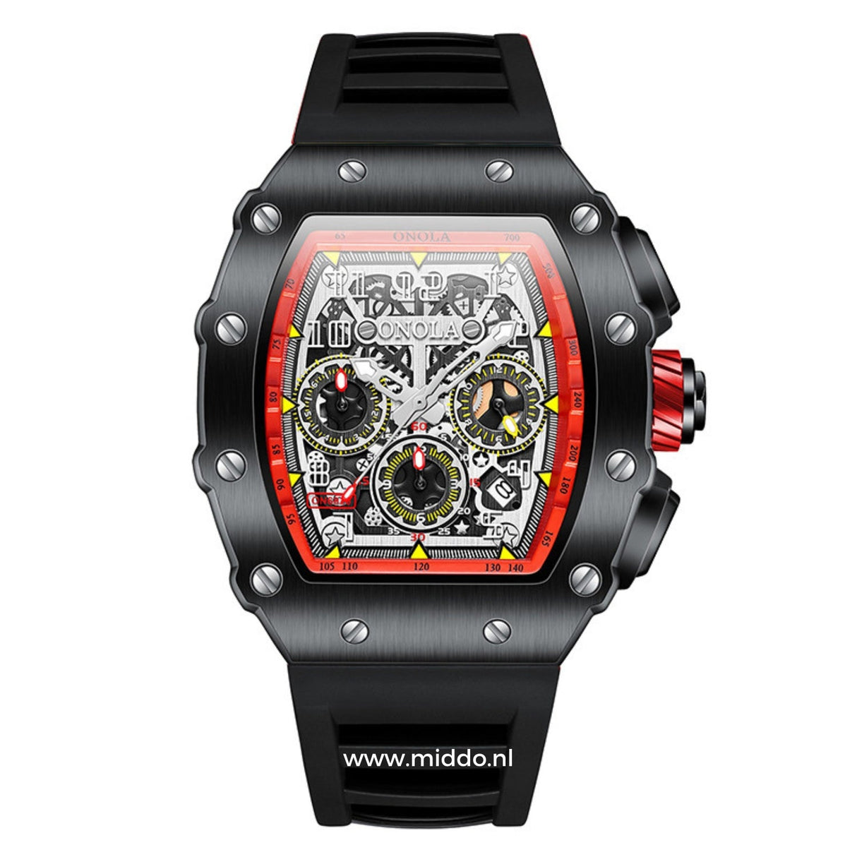 montre sport chronographe avec cadran rouge et noir et bracelet silicone noir