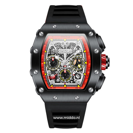 montre sport chronographe avec cadran rouge et noir et bracelet silicone noir