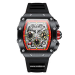 montre sport chronographe avec cadran rouge et noir et bracelet silicone noir