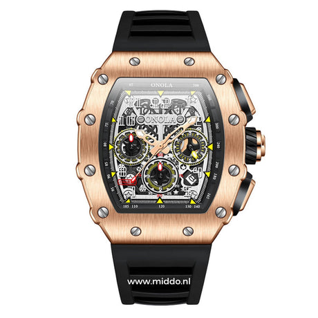 montre sport chronographe boîtier or rose avec bracelet silicone noir, vue de face