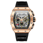 montre sport chronographe boîtier or rose avec bracelet silicone noir, vue de face