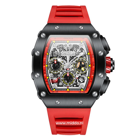montre sport étanche avec bracelet rouge et boîtier noir, style sportif affirmé